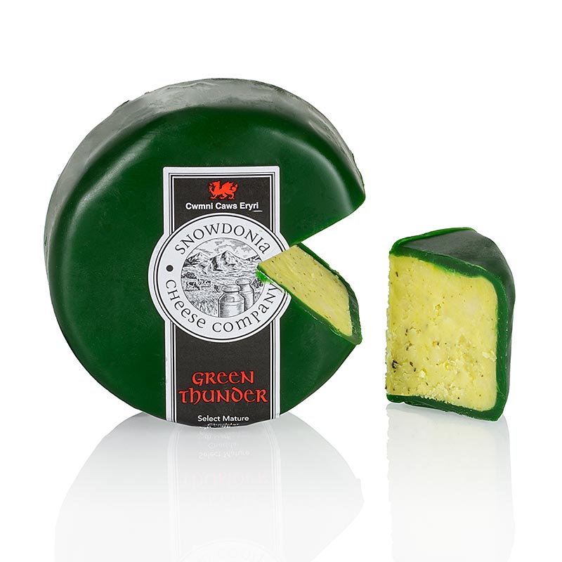 Snowdonia - Green Thunder, cheddar à l'ail et aux fines herbes, enrobage vert, 200 g - délicieux fromage avec un mélange d'ail et de fines herbes, enrobage vert, 200 g