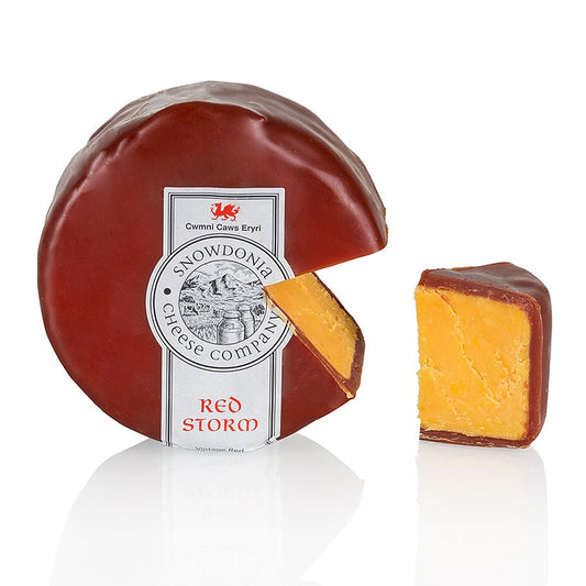 Snowdonia Red Storm, fromage Leicester affiné à la cire rouge foncé, 200g, produit fromager artisanal visuellement attrayant et délicieux