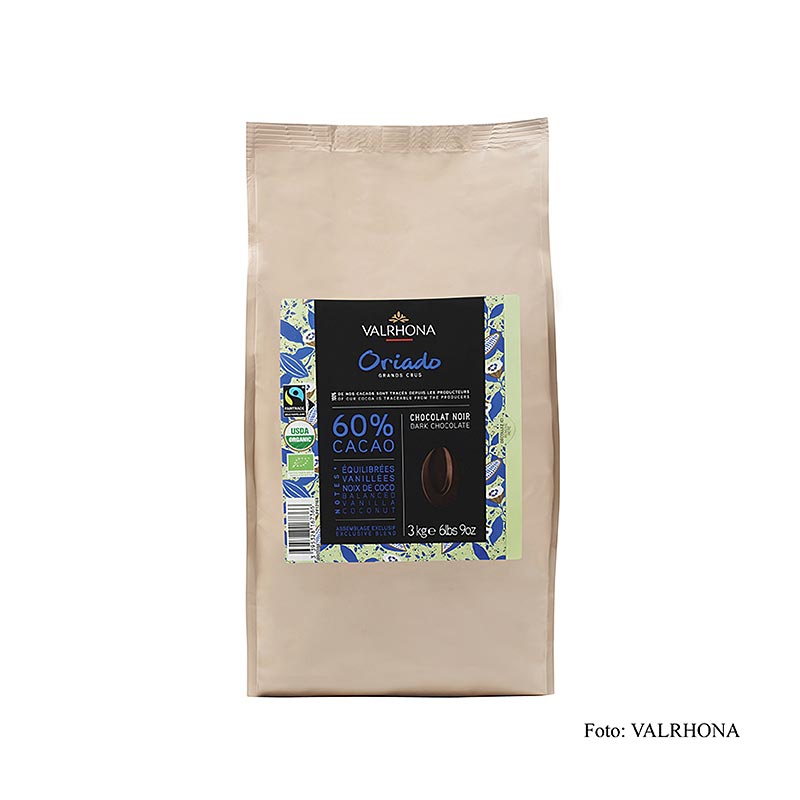 Valrhona Oriado, couverture noire, Callets, 60% cacao, bio, 3 kg, idéal pour créer des desserts au chocolat bio riches et gourmands.