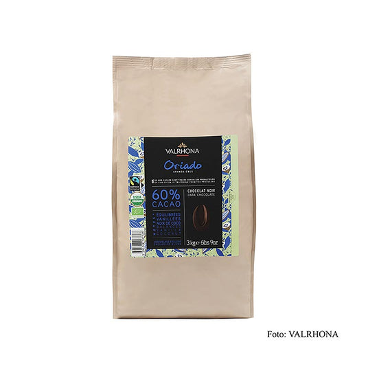 Valrhona Oriado, couverture noire, Callets, 60% cacao, bio, 3 kg, idéal pour créer des desserts au chocolat bio riches et gourmands.