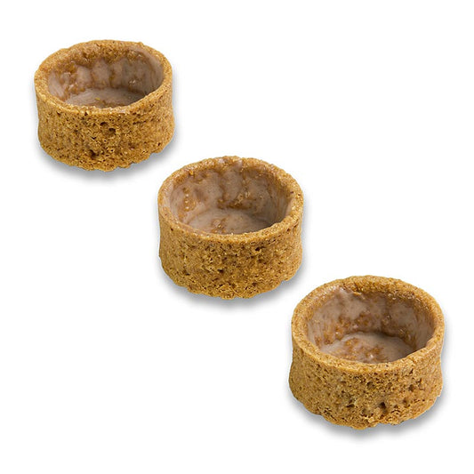 Tartelettes de dessert à base de biscuits Graham, enrobées, d'un diamètre de 35 mm et d'une hauteur de 17 mm, pesant 105 kg et présentées dans un emballage de 210 pièces.