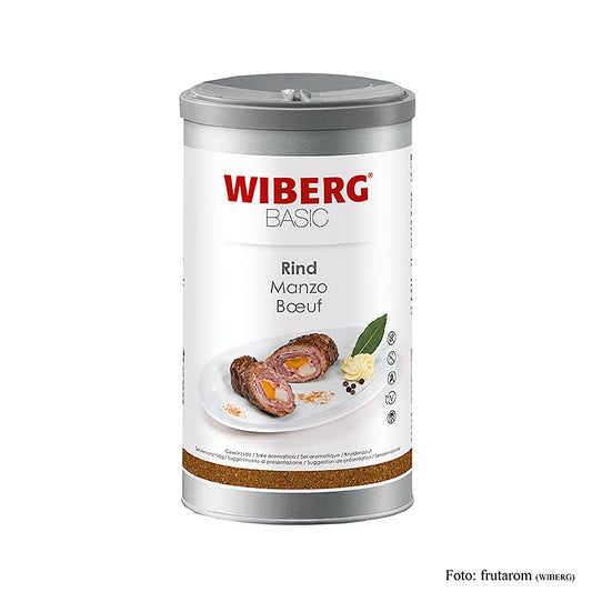 Une boîte de 900 g de Wiberg BASIC Beef herb salt, un assaisonnement polyvalent à base de sel aux herbes de bœuf.