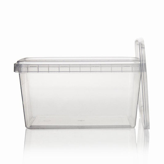 Pot rectangulaire en plastique RectAcup avec couvercle, mesurant 139x98x71mm, d'une contenance de 600ml, vendu à l'unité.