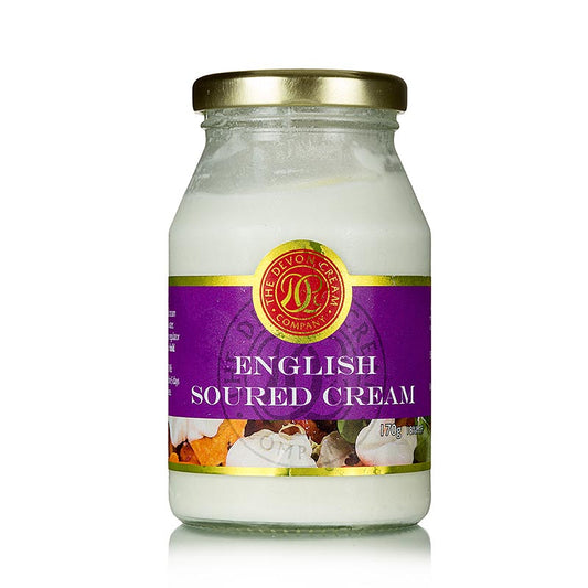 Crème aigre anglaise, 170 g - Un pot de 170 g de crème aigre anglaise, parfaite pour les desserts et les recettes de pâtisserie.