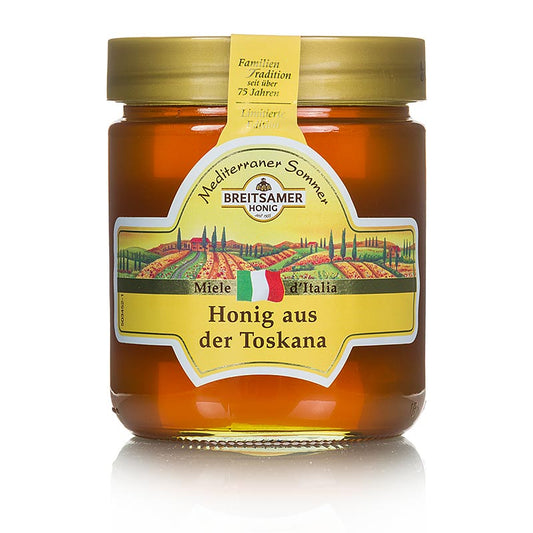 Miel Breitsamer Méditerranée été, Toscane, 500 g - Un pot de 500 grammes de délicieux miel Breitsamer de Toscane, parfait pour l'été.