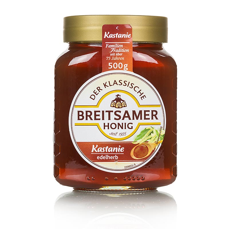Breitsamer Honey Chestnut, 500 g : Un miel de châtaignier délicieux et naturel dans un pot de 500 g.