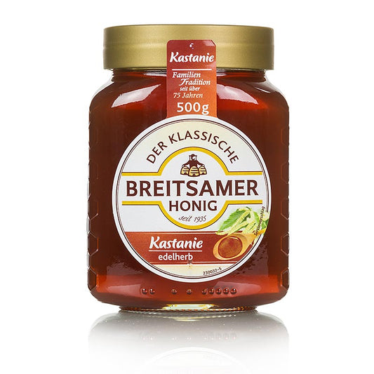 Breitsamer Honey Chestnut, 500 g : Un miel de châtaignier délicieux et naturel dans un pot de 500 g.