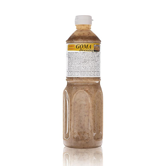 Une bouteille de 1 litre de vinaigrette au sésame Nihon Shokken, parfaite pour les salades, les légumes, les nouilles et les viandes.