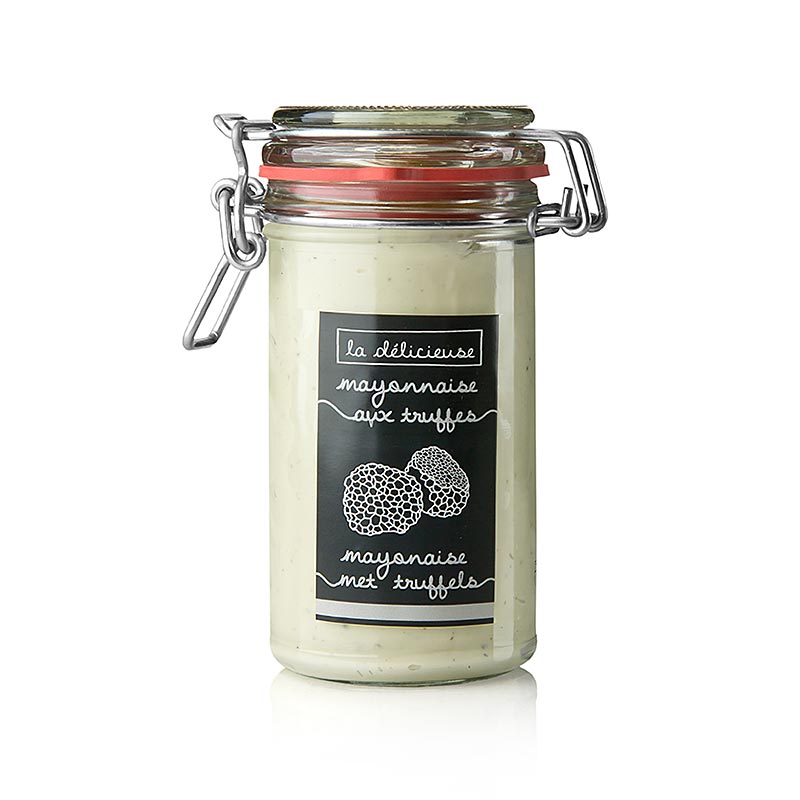Une bouteille de 250 ml de La Delicieuse Truffle Mayonnaise, une délicieuse mayonnaise aromatisée à la truffe.
