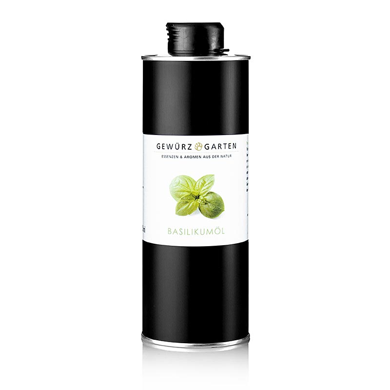Une bouteille de 500 ml d'huile de basilic Gewürzgarten dans de l'huile de colza, une huile de basilic parfumée et savoureuse infusée dans de l'huile de colza pour un usage culinaire.