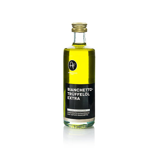 Bouteille de 60 ml d'huile d'olive extra vierge au goût de truffe blanche (huile de truffe) de la marque TARTUFOLIO, de la région de l'Appennino
