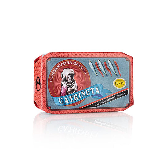 Sardines entières à l'huile d'olive et au piment, Catrineta, 120 g - Un délice espagnol savoureux et épicé dans un emballage de 120 grammes
