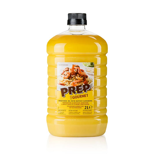 Huile végétale aromatisée au beurre de Prep Gourmet, conditionnée en bouteille de 2 litres