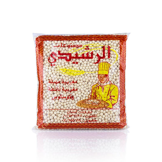 Cous-Cous Mograbieh, perles de 5mm, Al Rashidi, 800 g - Un paquet de 800 grammes de perles de couscous Al Rashidi d'un diamètre de 5mm