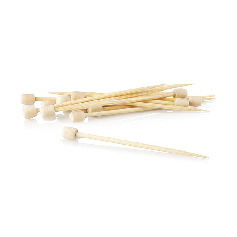 Brochettes en bambou, également connues sous le nom de brochettes en bambou, dotées d'un bouton blanc, mesurant 7 cm de long et présentées en paquet de 40 pièces.