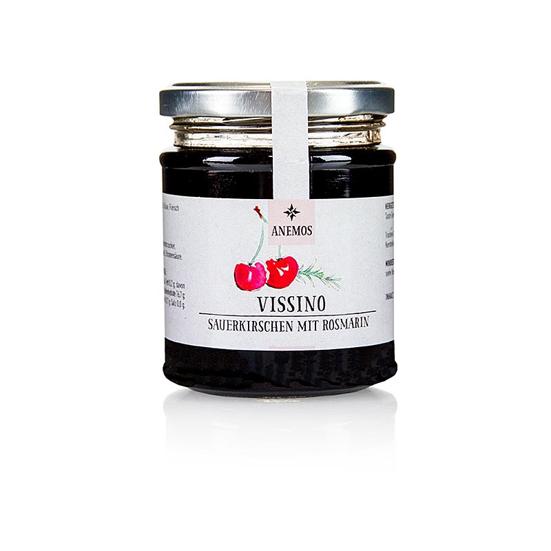 Pot de 265 g de cerises aigres ANEMOS Vissino, marinées avec du miel et du romarin, un produit grec délicieux et savoureux.