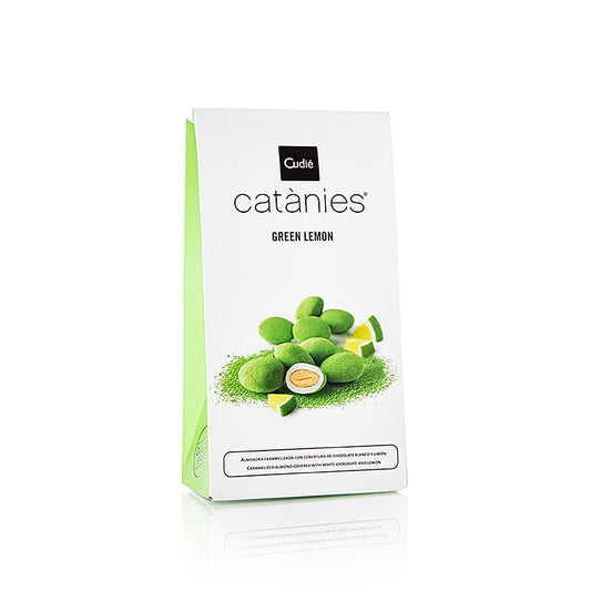 Catanies - green lemon, spanning Amandes en chocolat au citron, cudies, 80 g - Image d'un paquet de 80 g d'amandes en chocolat au citron, recouvertes de citron vert, parfaites pour une gâterie rafraîchissante.