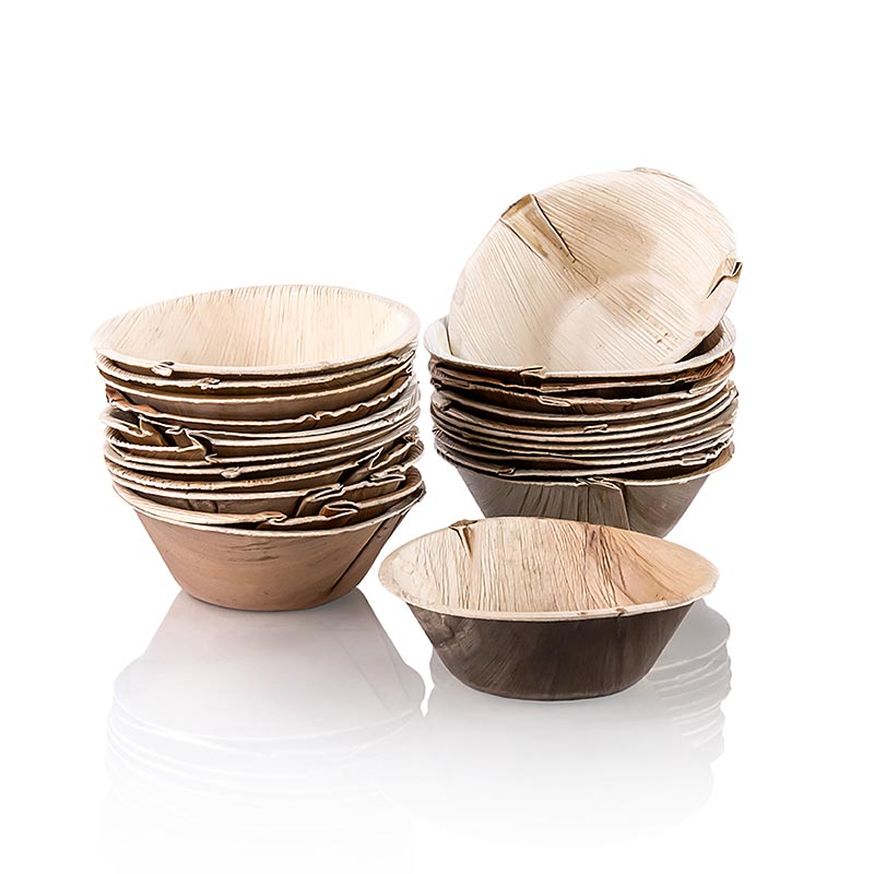 Assiettes jetables durables en feuilles de palmier, de forme ronde, d'environ 15,5 cm de diamètre, profondes, en matériau 100 % compostable, emballées dans un lot de 100 pièces.