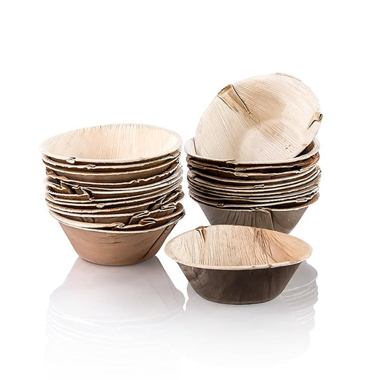 Assiettes jetables durables en feuilles de palmier, de forme ronde, d'environ 15,5 cm de diamètre, profondes, en matériau 100 % compostable, emballées dans un lot de 100 pièces.