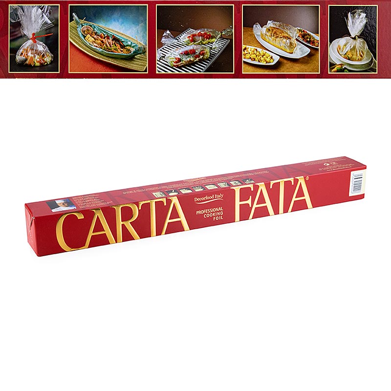 Gros plan de l'emballage CARTA FATA® Film de cuisson et de pâtisserie, 50cm x 10m, résistant à la chaleur jusqu'à 220°C, adapté à la cuisson et à la pâtisserie. 