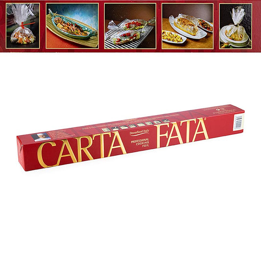 Gros plan de l'emballage CARTA FATA® Film de cuisson et de pâtisserie, 50cm x 10m, résistant à la chaleur jusqu'à 220°C, adapté à la cuisson et à la pâtisserie. 