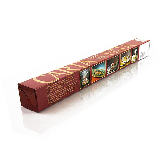  Déroulement de la feuille de cuisson CARTA FATA®, d'une largeur de 50 cm et d'une longueur de 10 m, conçue pour la cuisson à haute température.