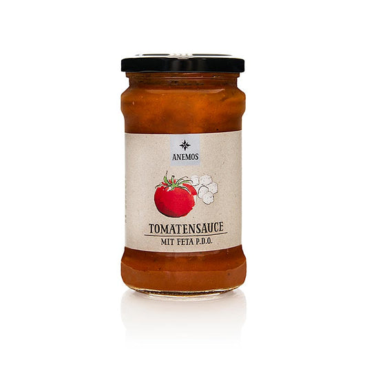 Sauce pour pâtes ANEMOS à la tomate et à la feta, 280 g : délicieuse sauce pour pâtes, à base de tomates fraîches et de fromage feta crémeux.