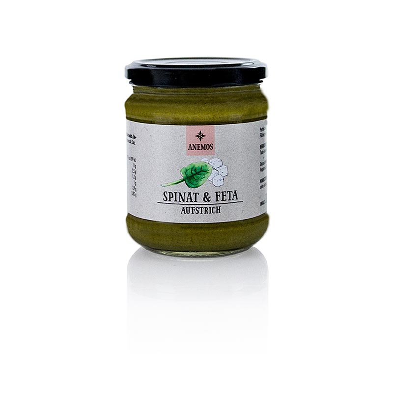 Gros plan sur la tapenade aux épinards et à la feta d'ANEMOS, un produit de 200 g parfait pour ajouter une touche délicieuse et savoureuse à vos plats.