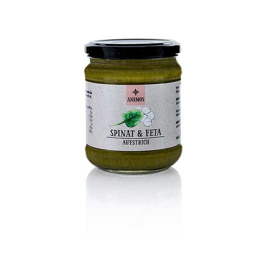 Gros plan sur la tapenade aux épinards et à la feta d'ANEMOS, un produit de 200 g parfait pour ajouter une touche délicieuse et savoureuse à vos plats.