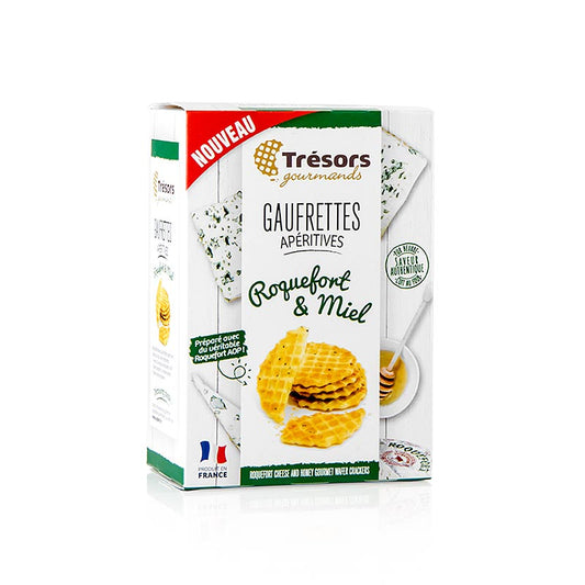Barsnack Trésors - Gaufrettes, France Mini gaufrettes au roquefort et au miel, 60 g - Délicieux snack français avec des gaufrettes croustillantes, du roquefort acidulé et du miel sucré, parfait pour un plaisir gourmand.