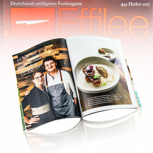 Gros plan de la couverture du magazine Effilee avec des images et des textes culinaires vibrants.