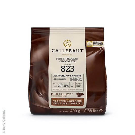 Sac de 400g de Callets au lait entier avec 336% de cacao, parfaits pour la pâtisserie et la cuisine