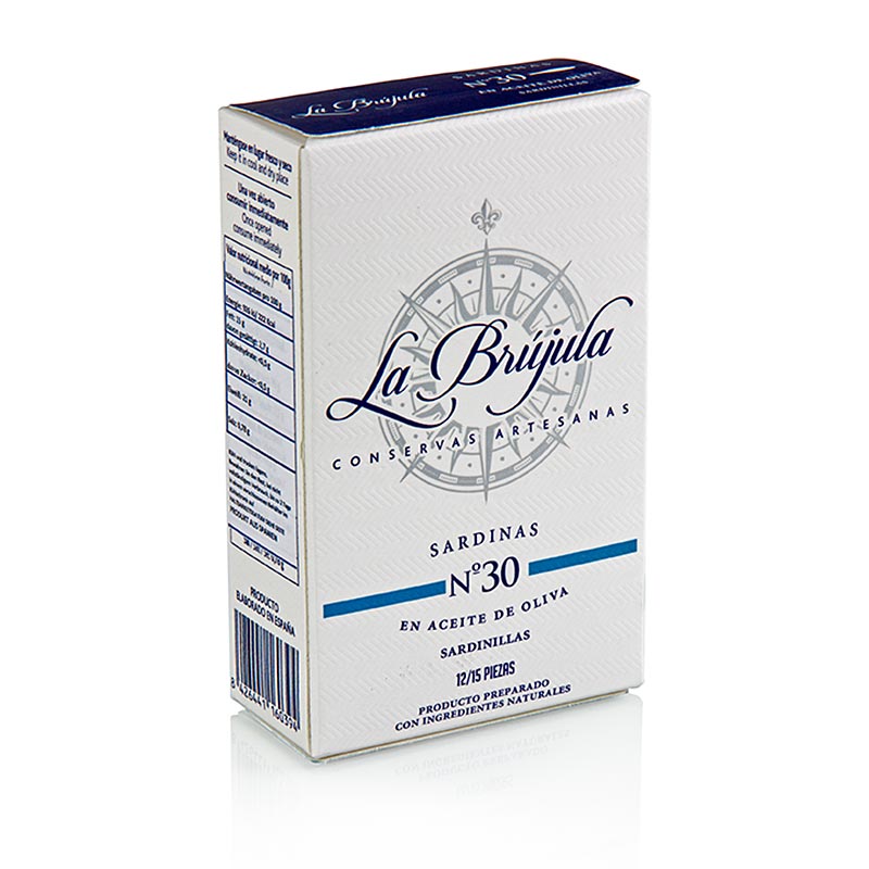 Sardines entières à l'huile d'olive, 12-15 pièces, La Brújula, 115 g - Sardines conservées à l'huile d'olive, conditionnées dans une boîte de 115 g, de la marque La Brújula
