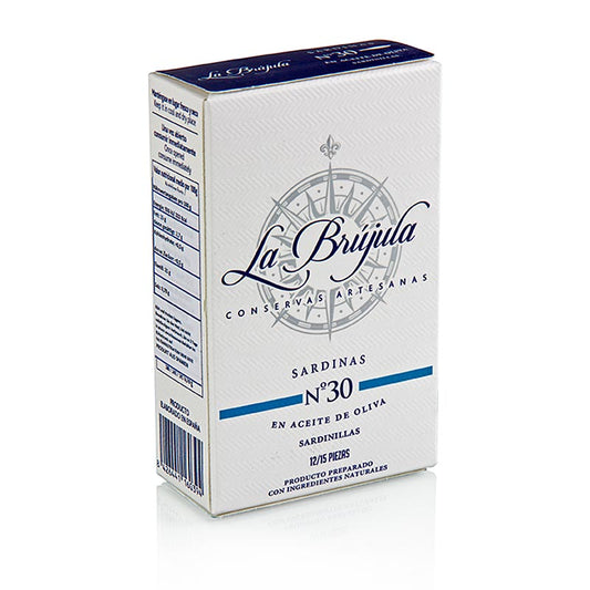 Sardines entières à l'huile d'olive, 12-15 pièces, La Brújula, 115 g - Sardines conservées à l'huile d'olive, conditionnées dans une boîte de 115 g, de la marque La Brújula
