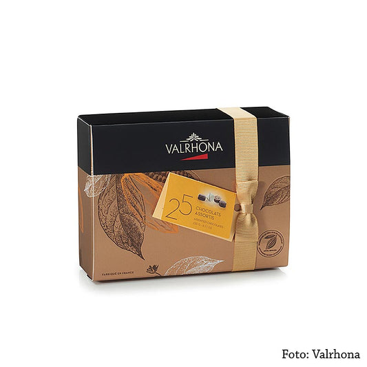 Assortiment de 25 chocolats Valrhona au praliné fin dans un ballotin de 230g