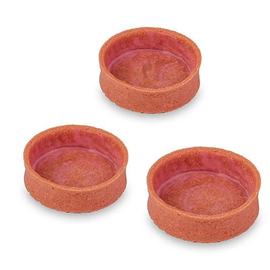 Tartelettes à dessert fraise, enrobées, ø 55x17mm h, 1 kg, 100 pièces sont de délicieuses tartelettes enrobées de fraise, chacune 55x17mm et emballées par 1 kilogramme, 100 pièces.