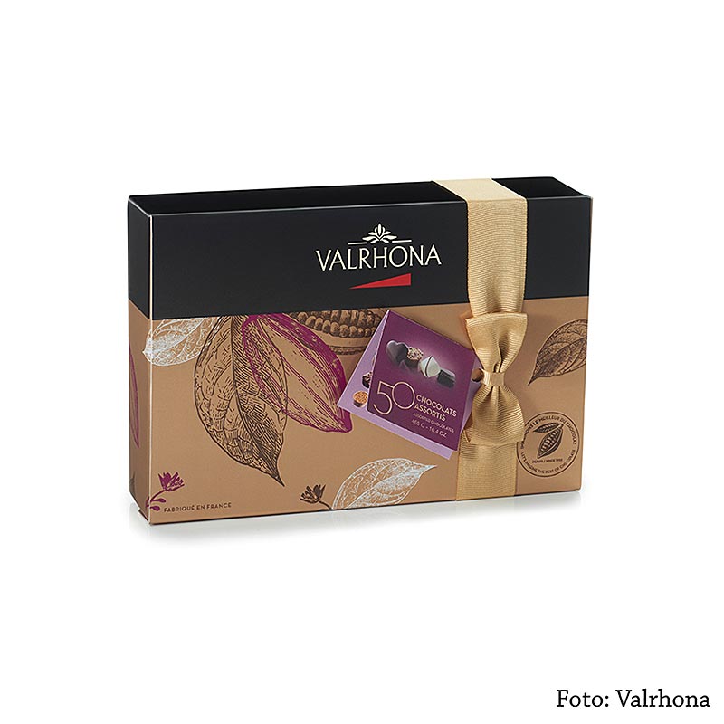 Valrhona Ballotin assortiment, mélange de pralines fines, 465 g, 50 pièces, délicieux coffret cadeau avec un assortiment de 50 pralines fines dans un bel emballage.