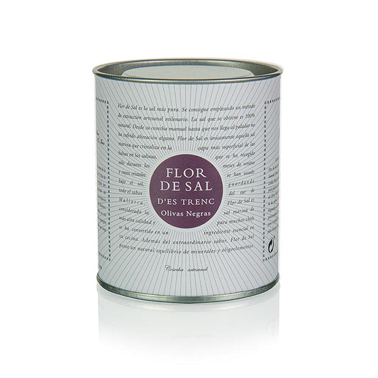 Flor de Sal d'es Trenc bio avec olives noires de Mallorca, emballé dans un paquet de 150 g