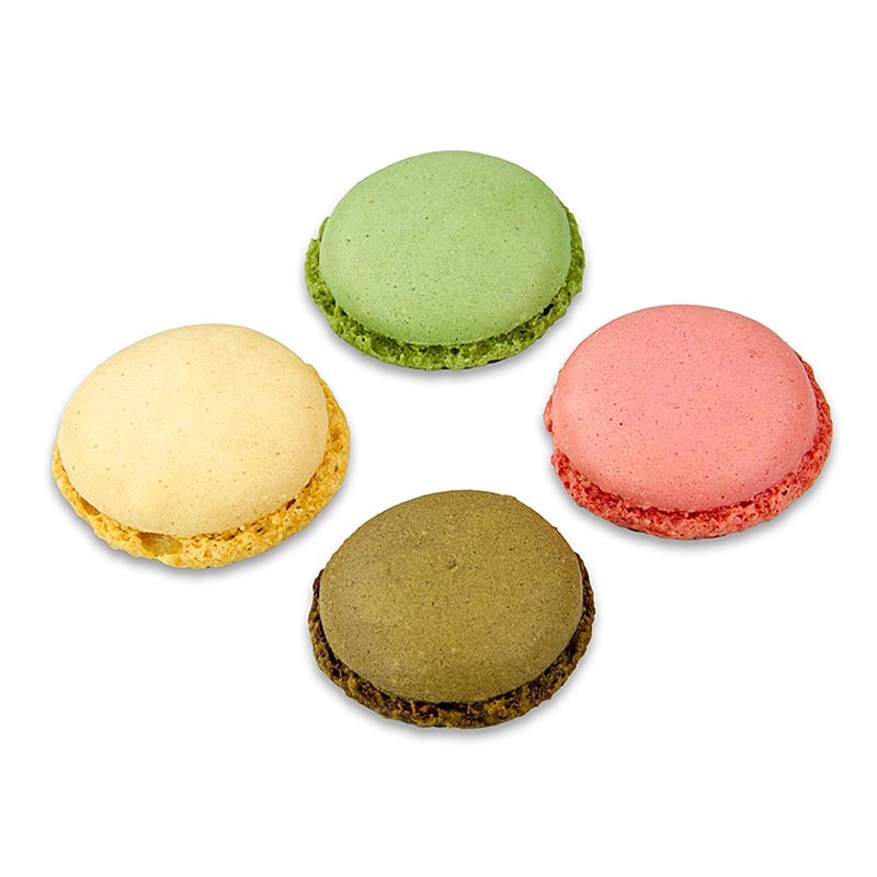Macarons mix 1 (96 x chaque pistache, chocolat, naturel, framboise), environ Ø3.5cm, 921 g, 384 pièces - Une délicieuse sélection de 96 macarons aux saveurs pistache, chocolat, naturel et framboise, pesant 921 g et totalisant 384 pièces, chacune d'un diamètre d'environ 3.5cm.