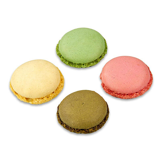 Macarons mix 1 (96 x chaque pistache, chocolat, naturel, framboise), environ Ø3.5cm, 921 g, 384 pièces - Une délicieuse sélection de 96 macarons aux saveurs pistache, chocolat, naturel et framboise, pesant 921 g et totalisant 384 pièces, chacune d'un diamètre d'environ 3.5cm.