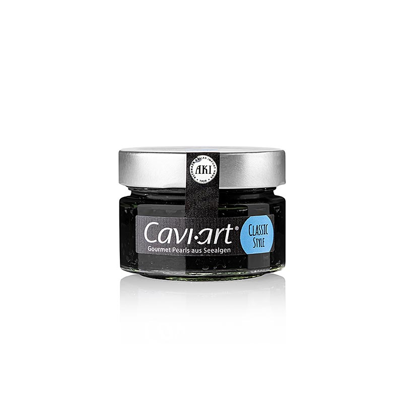 Différents types de caviar d'algues noires, végétalien et conditionné dans un pot de 100 g de Cavi-Art®