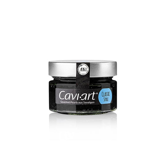 Différents types de caviar d'algues noires, végétalien et conditionné dans un pot de 100 g de Cavi-Art®