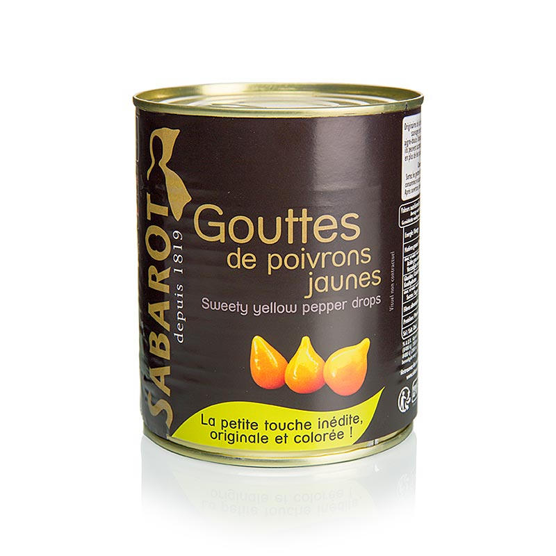 Gros plan sur des gouttes de paprika jaune vif, également connues sous le nom de Sweety Drops ou Gouttes de Poivron, dans un bocal de 793 g.