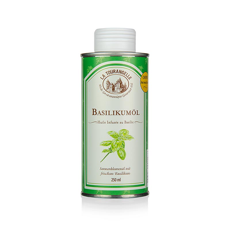 Bouteille de 250 ml d'huile de basilic infusée de La Tourangelle, idéale pour rehausser la saveur de vos plats préférés
