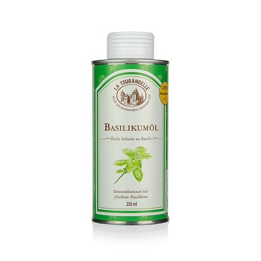 Bouteille de 250 ml d'huile de basilic infusée de La Tourangelle, idéale pour rehausser la saveur de vos plats préférés