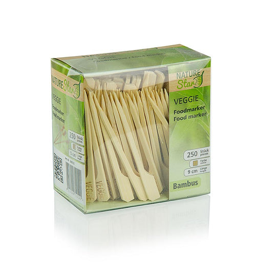 Lot de 250 brochettes en bambou de 9 cm avec extrémité en forme de feuille, étiquetées Veggie pour servir des amuse-gueules et des snacks lors de fêtes et d'événements
