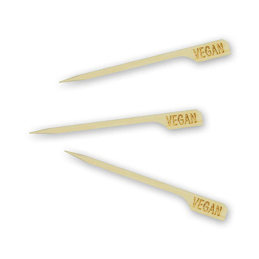 Un paquet de 250 brochettes en bambou de 9 cm aux extrémités en forme de feuilles, portant un label végétalien