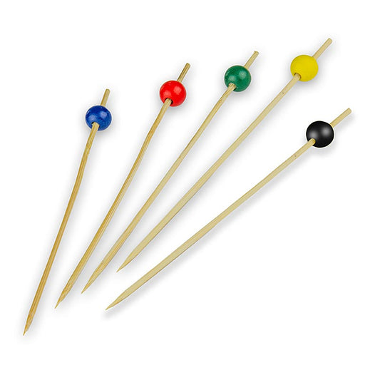 Brochettes en bambou avec boule en 5 couleurs (rouge, marron, jaune, bleu, noir), 15cm, 100 pièces, parfaites pour griller et servir des amuse-gueules et des snacks