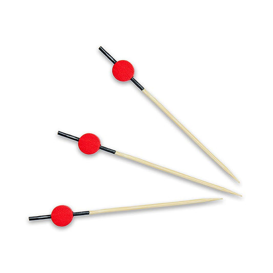 Brochettes en bambou avec extrémité noire et disque rouge, 9 cm de long, 100 pièces - Alt text
