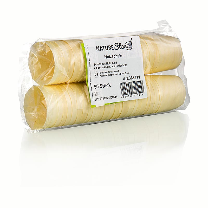 Paquet de 50 timbales (gobelets) en bois jetables mesurant Ø4,5cm et 4,5cm de haut (ne contient pas de liquide) pour un service respectueux de l'environnement.
